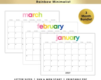 Q1 2027 Rainbow Calendar Bundle | January February March Colorful Printable PDF | Instant Download