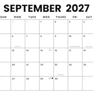 Puede incluir: Un calendario en blanco y negro para septiembre de 2027. La cuadrícula del calendario muestra los días del mes, con festivos como el Día del Trabajo, el Día de los Abuelos y el Día del Patriota. El nombre del mes y el año están en negrita.
