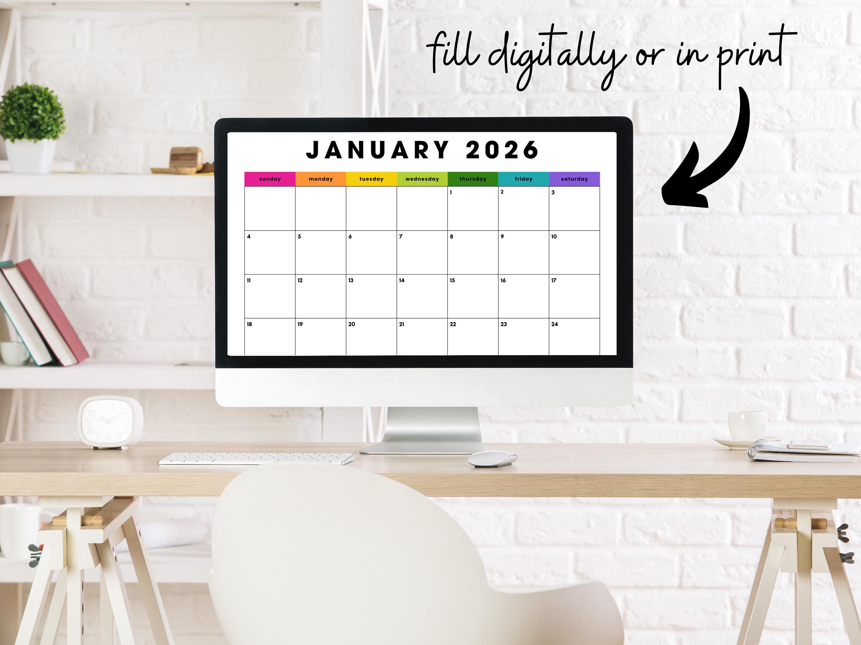 January 2026 Colorblock Calendar Printable: Bright Minimalist Design