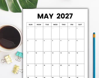 May 2027 Vertical Minimalist Calendar (Printable PDF) | Sunday + Monday Start | Instant Download | Portrait Letter 8.5" X 11"