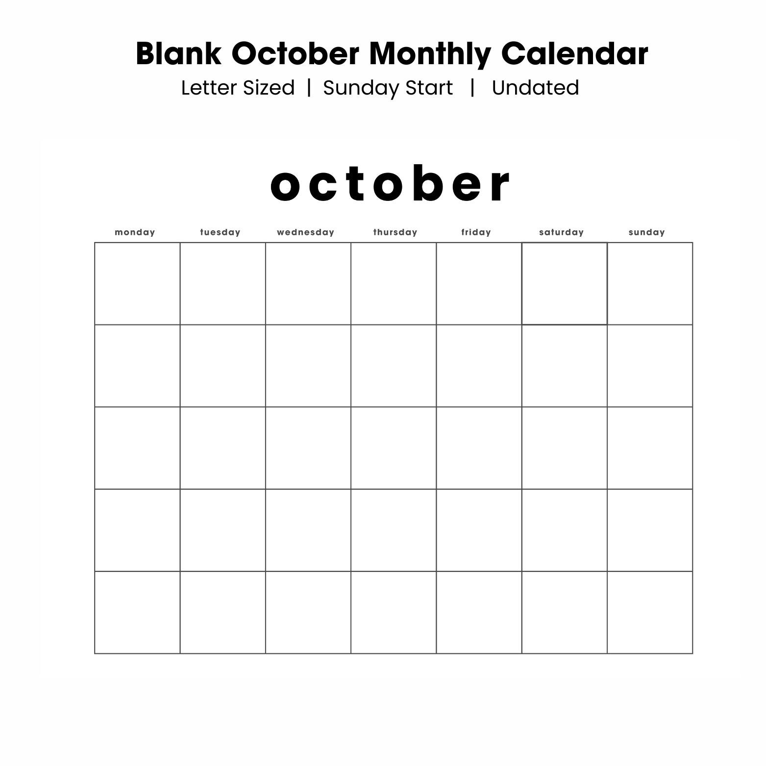 Blank October Monthly Calendar Printable PDF Instant Digital Download ...