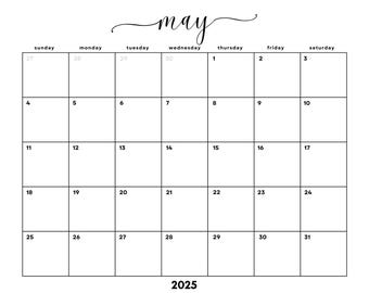 Dated May 2025 Minimalist Monthly Calendar Printable Letter PDF| INSTANT DOWNLOAD | May Planner | Sunday + Monday Start