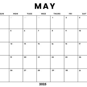 Dated May 2025 Minimalist Monthly Calendar Printable PDF| Instant Digital Download | Dated Monthly Planner 2025 | Sunday + Monday Start