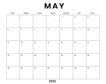 Dated May 2025 Minimalist Monthly Calendar Printable PDF| Instant Digital Download | Dated Monthly Planner 2025 | Sunday + Monday Start