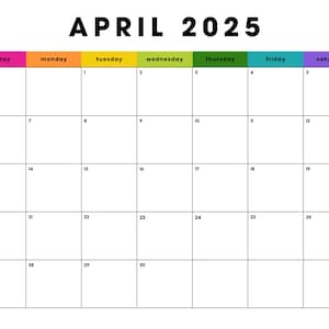 April 2025 Minimalist Colorblock {BRIGHTS} | Monatskalender PDF | Sofortiger digitaler Download | Datiert April | Sonntag Start