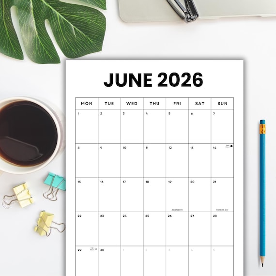 June 2026 Minimalist Calendar: US Holidays & Moon Phases (Printable PDF) | Sunday + Monday Start | Instant Download
