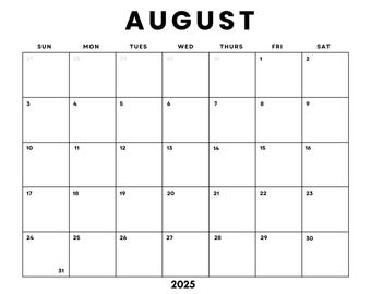 Dated August 2025 Minimalist Monthly Calendar Printable PDF| Instant Digital Download | Dated Monthly Planner 2025 | Sunday + Monday Start
