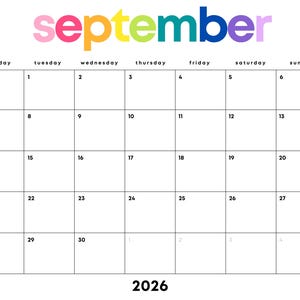 Può includere: Una pagina di calendario mensile per settembre 2026 con un layout a griglia con i giorni della settimana etichettati da lunedì a domenica. La parola september è scritta in grandi lettere minuscole multicolori in alto e 2026 in basso.