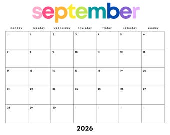 September 2026 Rainbow Calendar Printable: Minimalist Monthly Planner (Digital Download) | Sunday, Monday Starts | Landscape Letter