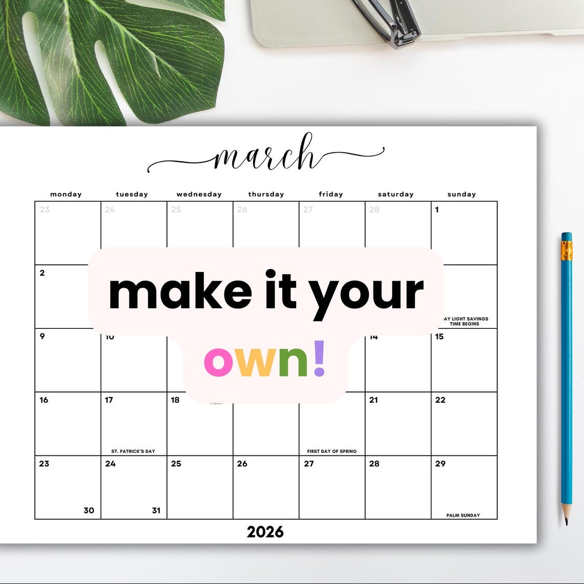 March 2026 Monthly Calendar: Minimalist Cursive Landscape Planner ...