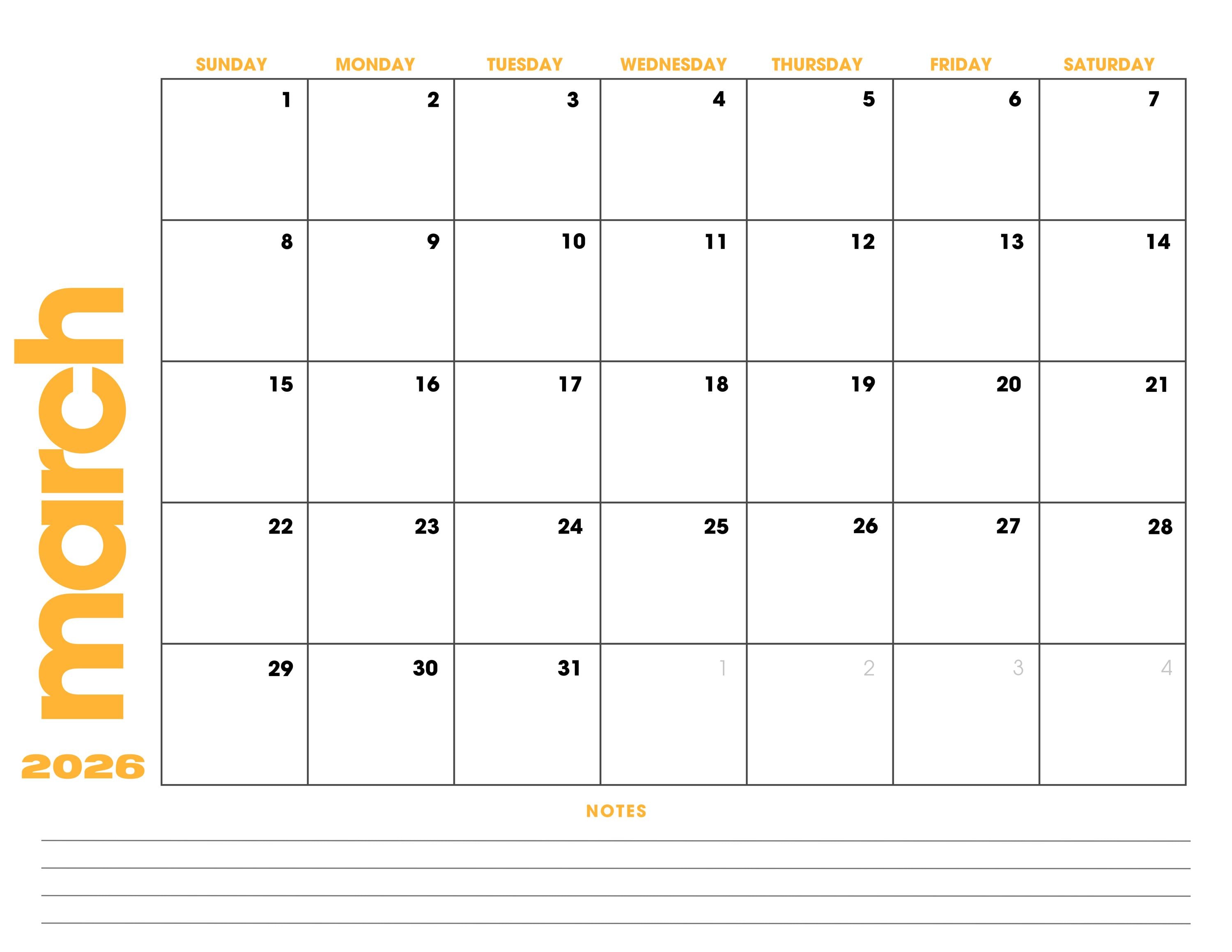 March 2026 Minimalist Modern Calendar Printable: PDF, Sunday Start ...