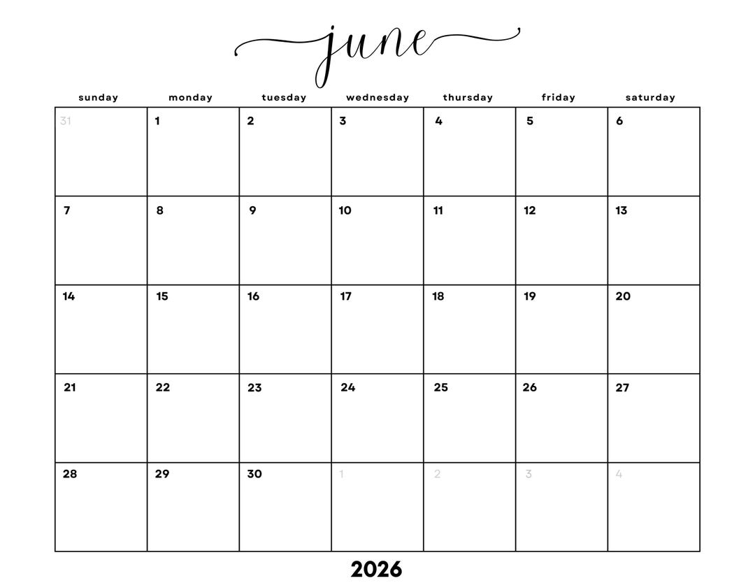 June 2026 Monthly Calendar Printable: Minimalist Letter PDF (sunday