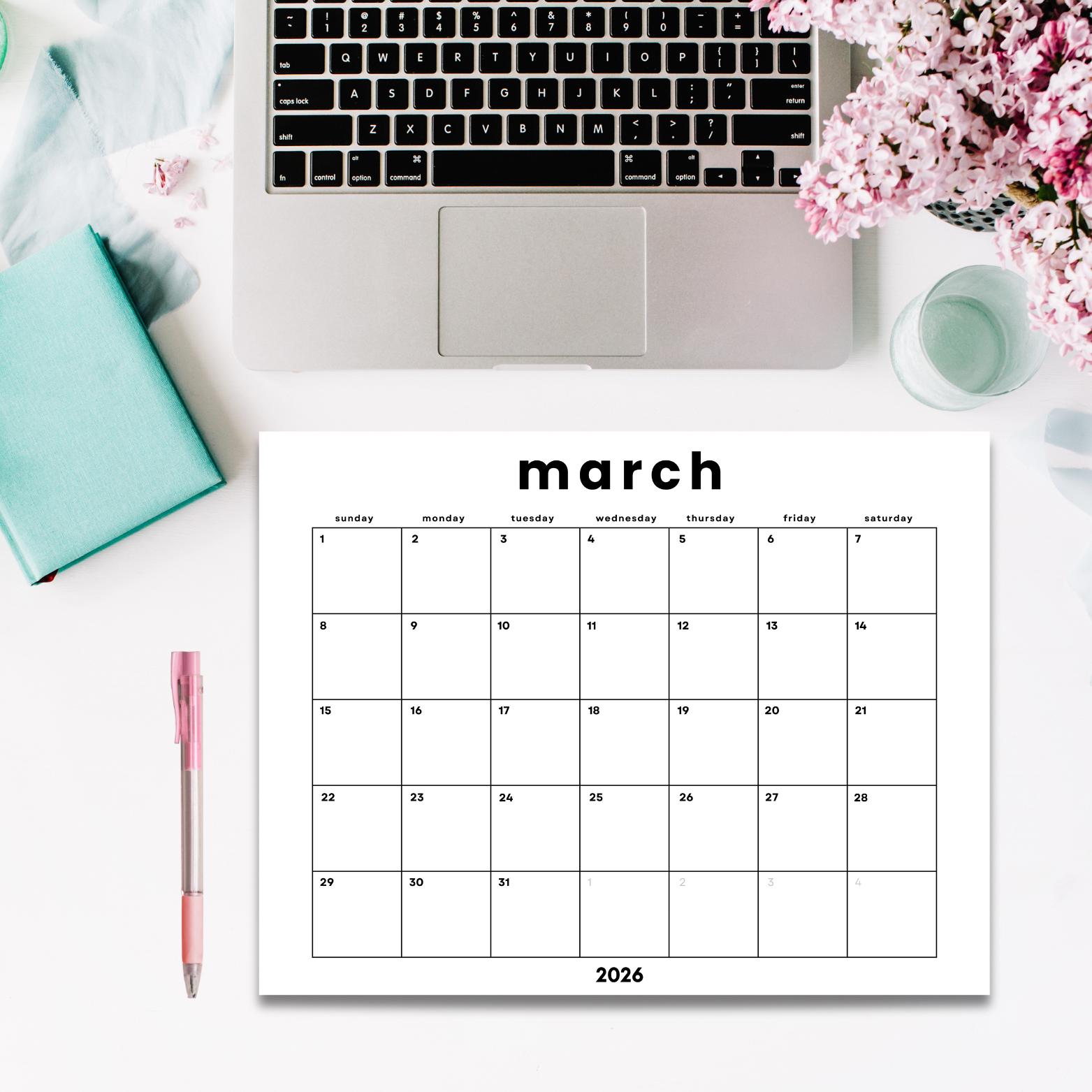 March 2026 Monthly Calendar Printable | Minimalist Design (digital ...