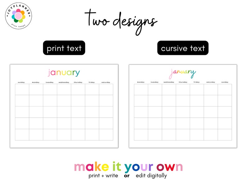 Blank Monthly Rainbow Calendar Printable Digital 2023 Planner Instant ...