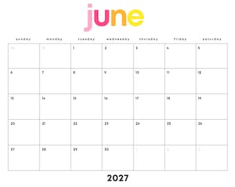 June 2027 Minimalist Calendar Printable: Rainbow PDF, Sunday/Monday Start (Digital Download) | Landscape Letter | Monthly Planner