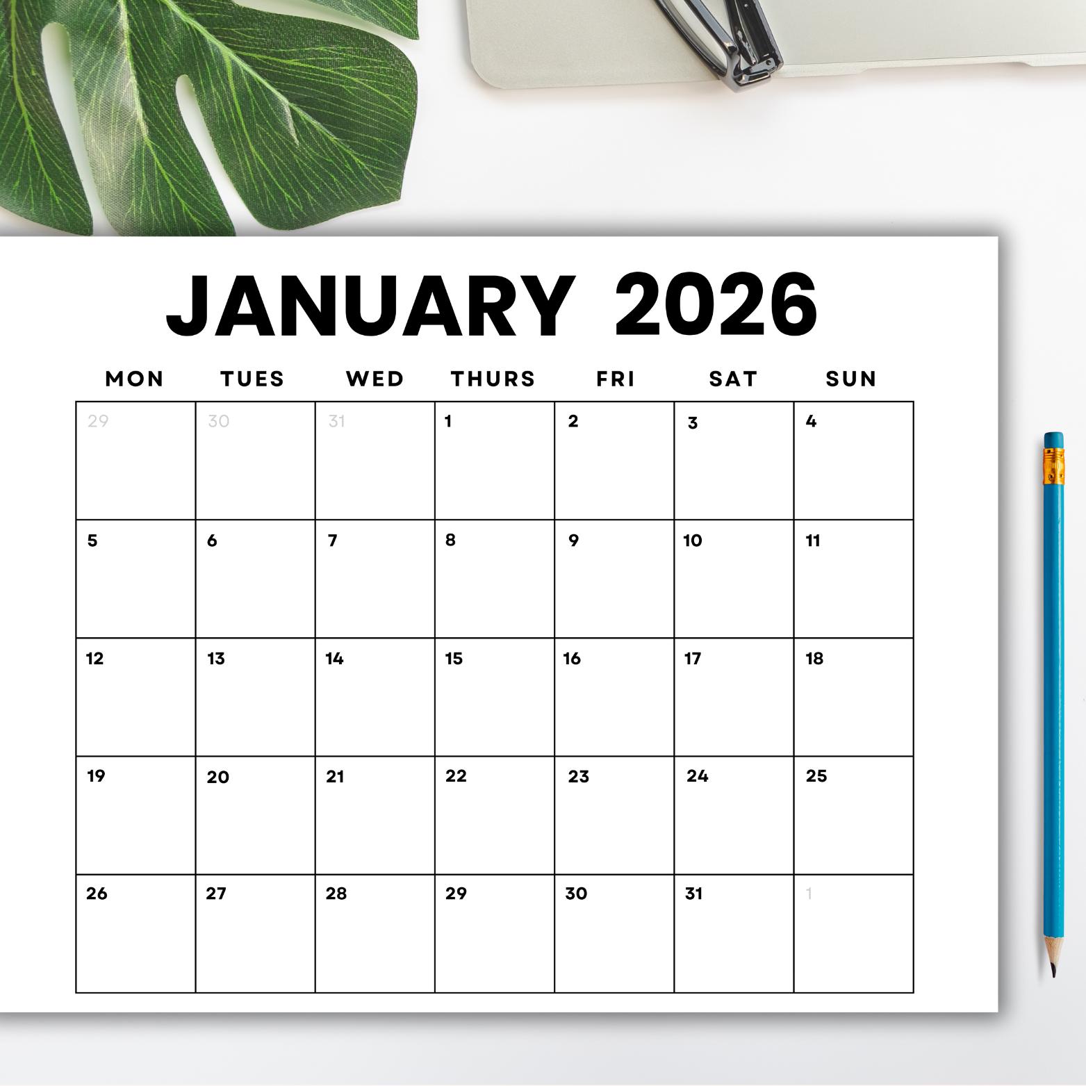 Dated January 2026 Minimalist Monthly Landscape Calendar Printable PDF
