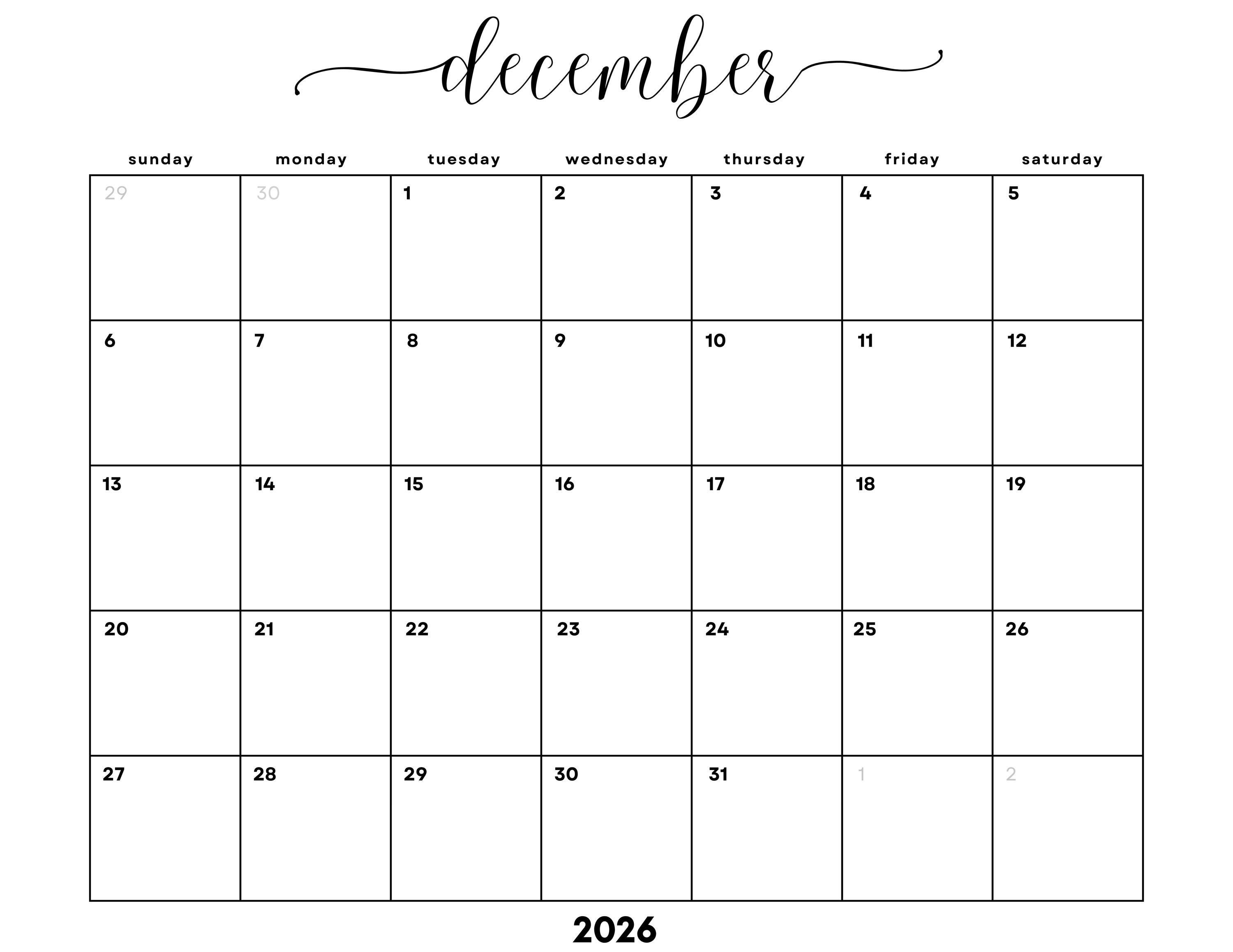 December 2026 Monthly Calendar Printable (PDF) - Etsy