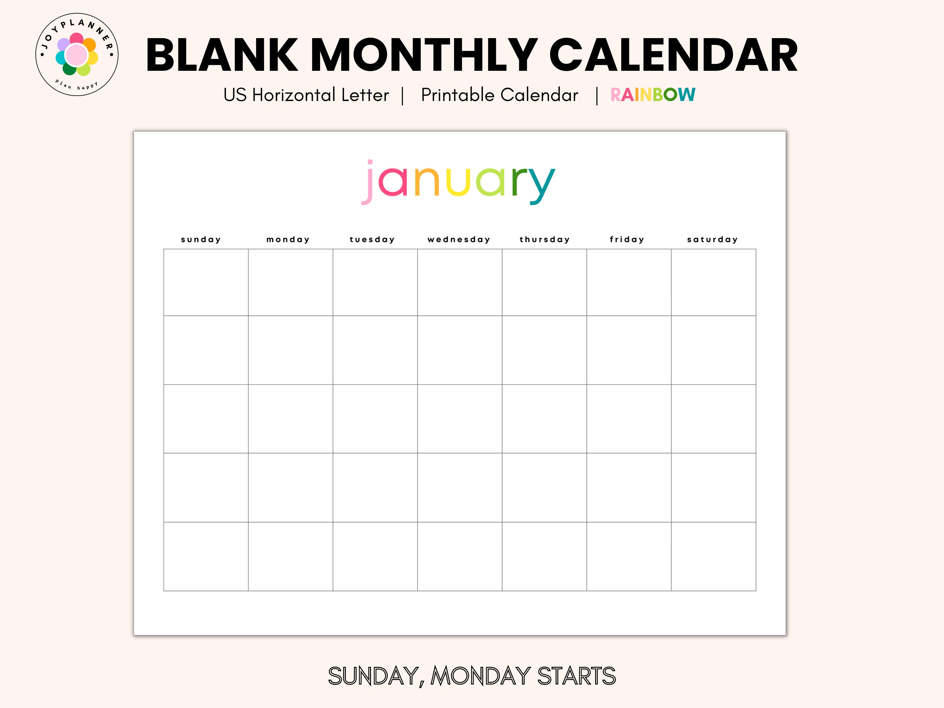 Blank Monthly Rainbow Calendar Printable Digital 2023 Planner Instant ...
