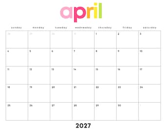 April 2027 Minimalist Calendar Printable: Rainbow PDF, Sunday/Monday Start (Digital Download) | Landscape Letter | Monthly Planner