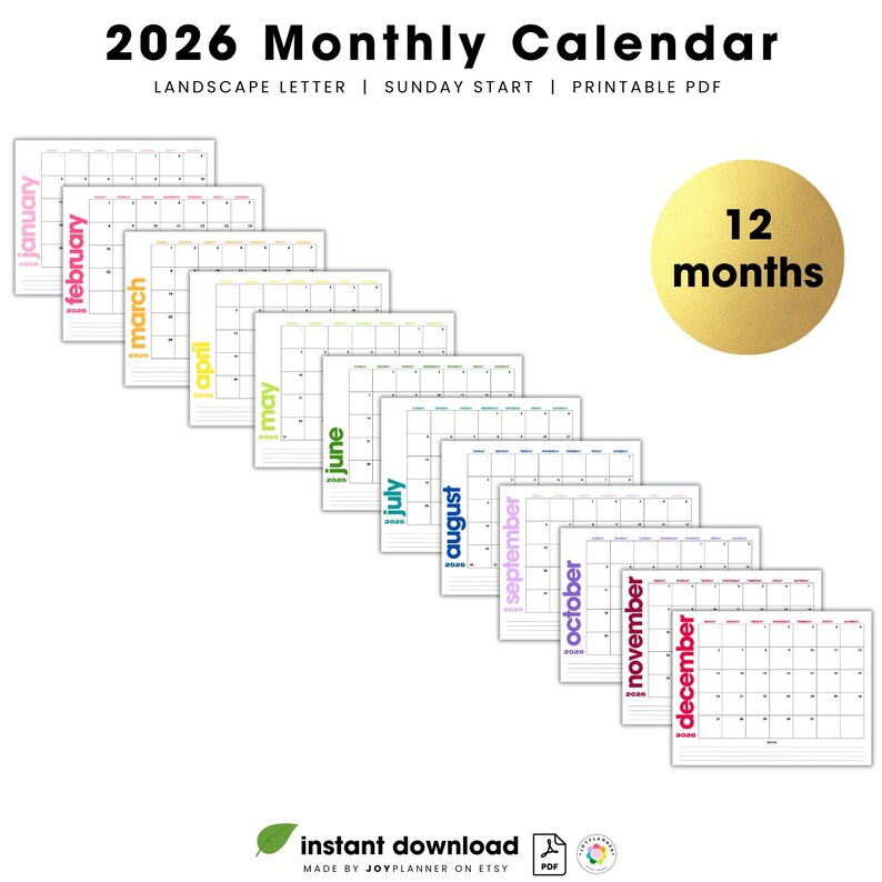 2026 Minimalist Monthly Calendar W/ Notes Printable: Colorful Planner ...