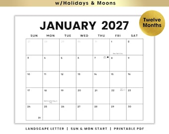 2027 Minimalist Monthly Calendar Bundle | 12 Month Moon Phases & US Holidays | Printable PDF | Instant Download | Sunday + Monday Starts