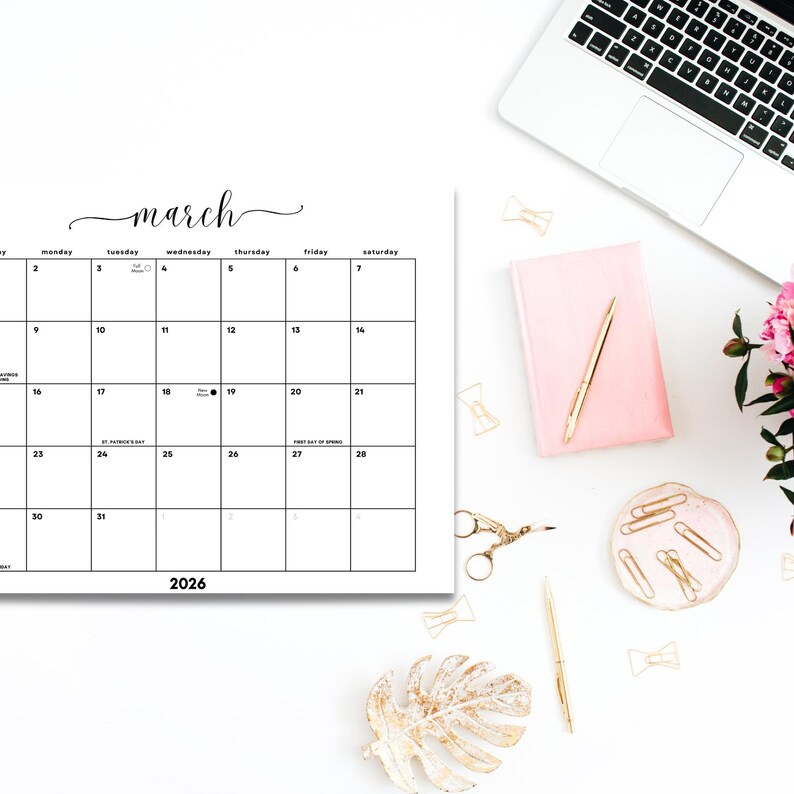 March 2026 Monthly Calendar: Minimalist Cursive Landscape Planner ...