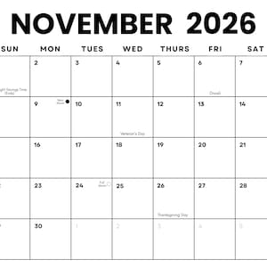 Puede incluir: Un calendario en blanco y negro para noviembre de 2026. La cuadrícula muestra los días del mes, con festivos como el Día de los Veteranos, Diwali y Acción de Gracias. El texto "NOVIEMBRE 2026" está en la parte superior.