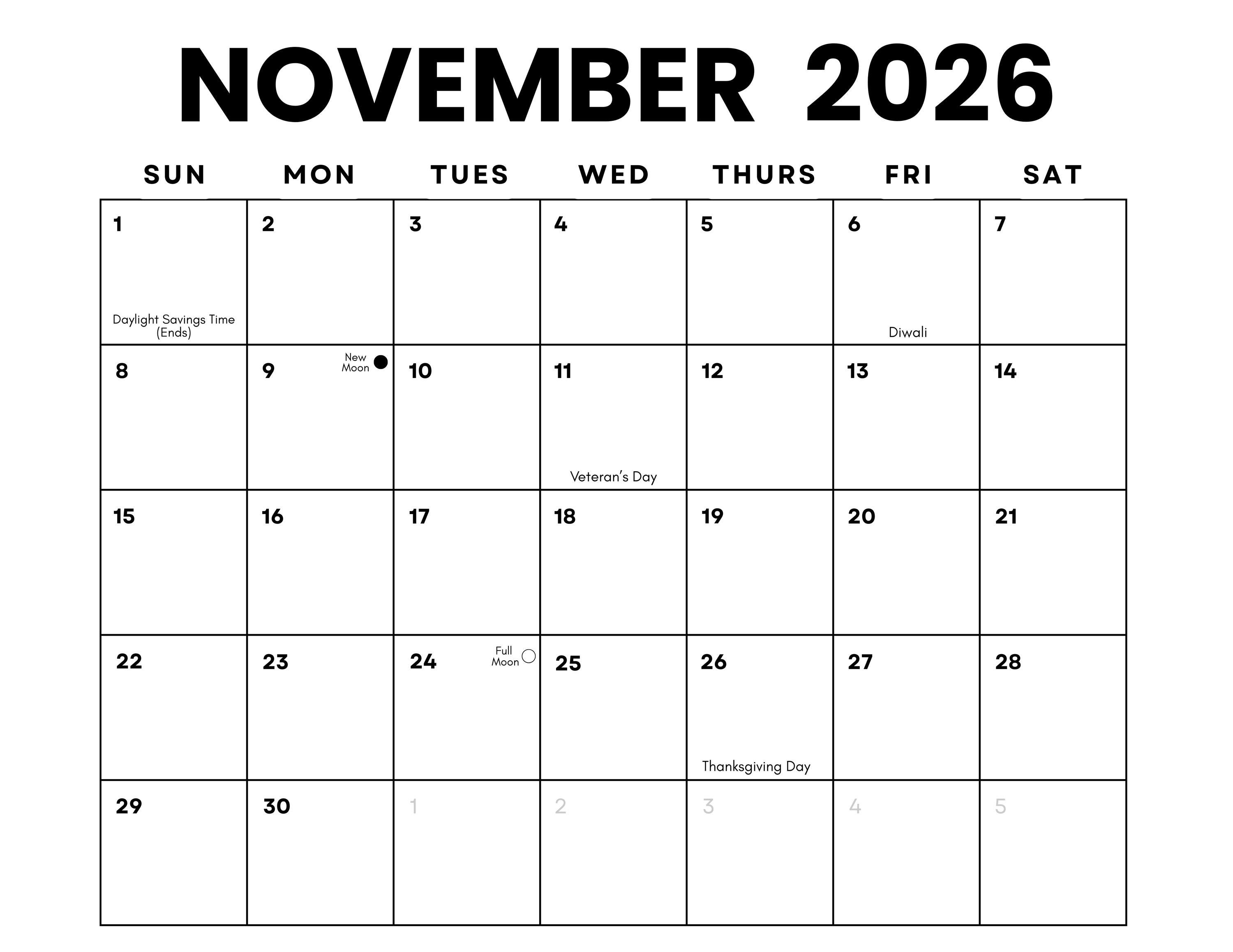 November 2026 Minimalist Calendar: US Holidays & Moon Phases (printable ...