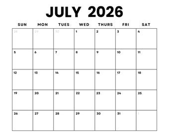 Datiert Juli 2026 Minimalistischer Monatskalender PDF zum ausdrucken| Sofortiger digitaler Download | Datiert Monatsplaner 2026 | Sonntag, Start Montag