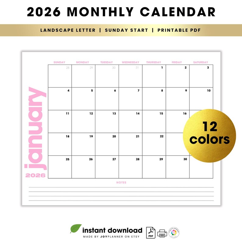 2026 Minimalist Monthly Calendar W/ Notes Printable: Colorful Planner ...