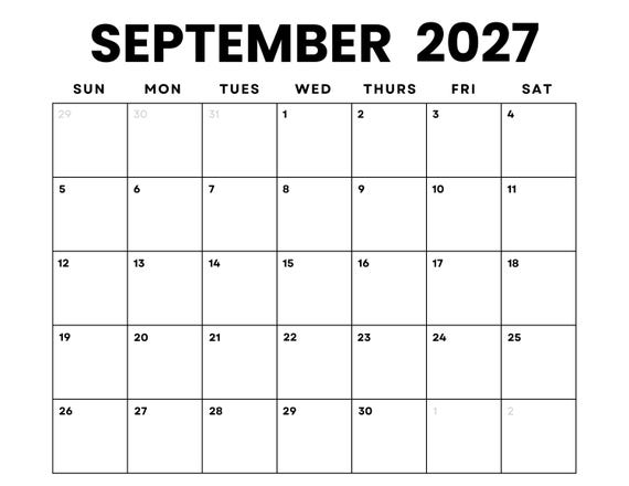 September 2027 Calendar Printable: Minimalist Monthly Planner (digital  Download) - Etsy Israel