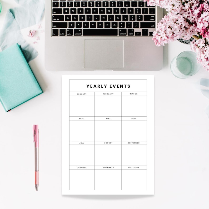 Yearly Events Planner Printable Minimalist Perpetual Calendar (PDF