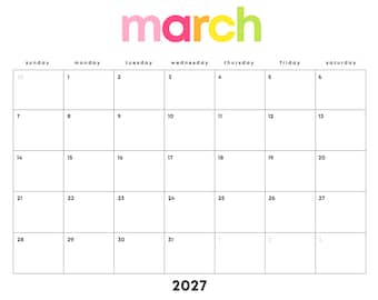 March 2027 Minimalist Calendar Printable: Rainbow PDF, Sunday/Monday Start (Digital Download) | Landscape Letter | Monthly Planner