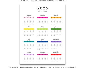 2026 Minimalistischer Colorblock Wandkalender: Druckbar (Digitaler Download) | Sonntag + Montag Beginn | Poster-Planer