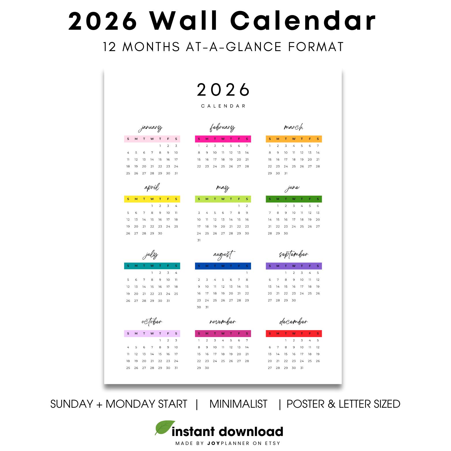 2026 Minimalist Colorblock Wall Calendar: Printable (digital Download ...
