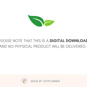Pode incluir: Um aviso de download digital com &iacute;cones de folhas verdes e o texto "PLEASE NOTE THAT THIS IS A DIGITAL DOWNLOAD AND NO PHYSICAL PRODUCT WILL BE DELIVERED." O texto "MADE BY JOYPLANNER" est&aacute; na parte inferior da imagem.