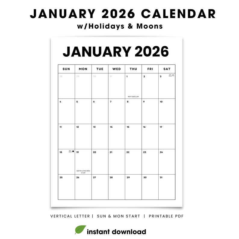 January 2026 Vertical Monthly Calendar W/holidays + Moons: Minimalist ...