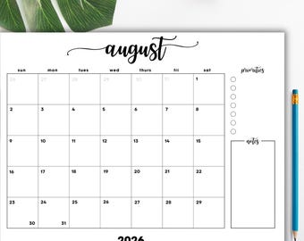 August 2026 Monthly Calendar with Notes: Minimalist Cursive Landscape (Printable PDF); Sunday Start, Monthly Planner PDF 11" X 8.5"