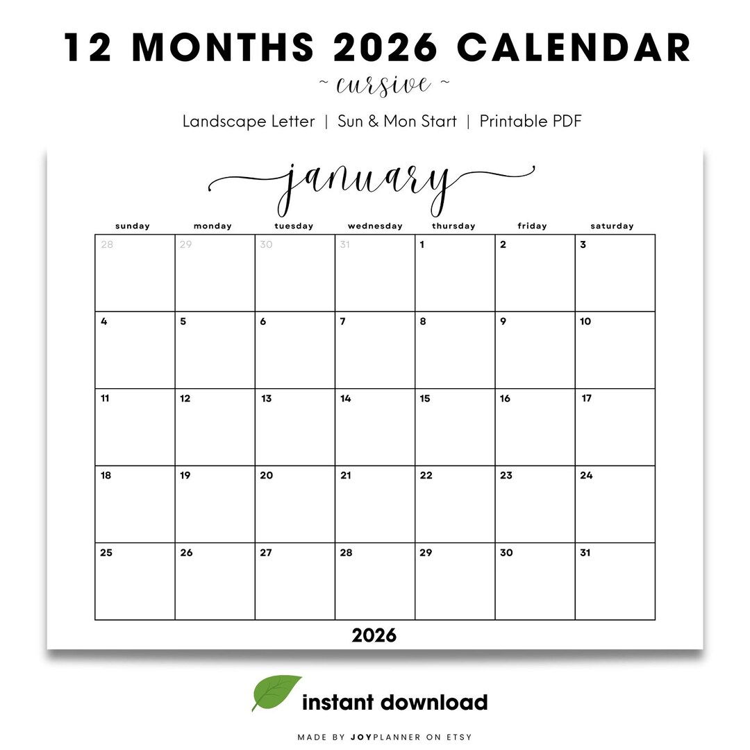 Dated 2026 Minimalist Calendar Printable PDF | 12 Months | Sunday ...