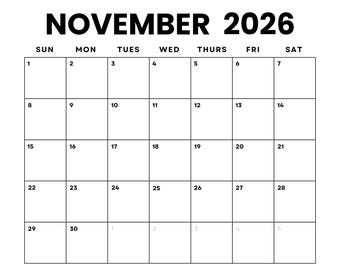 Calendrier de novembre 2026 imprimable : agenda mensuel minimaliste (téléchargement numérique)