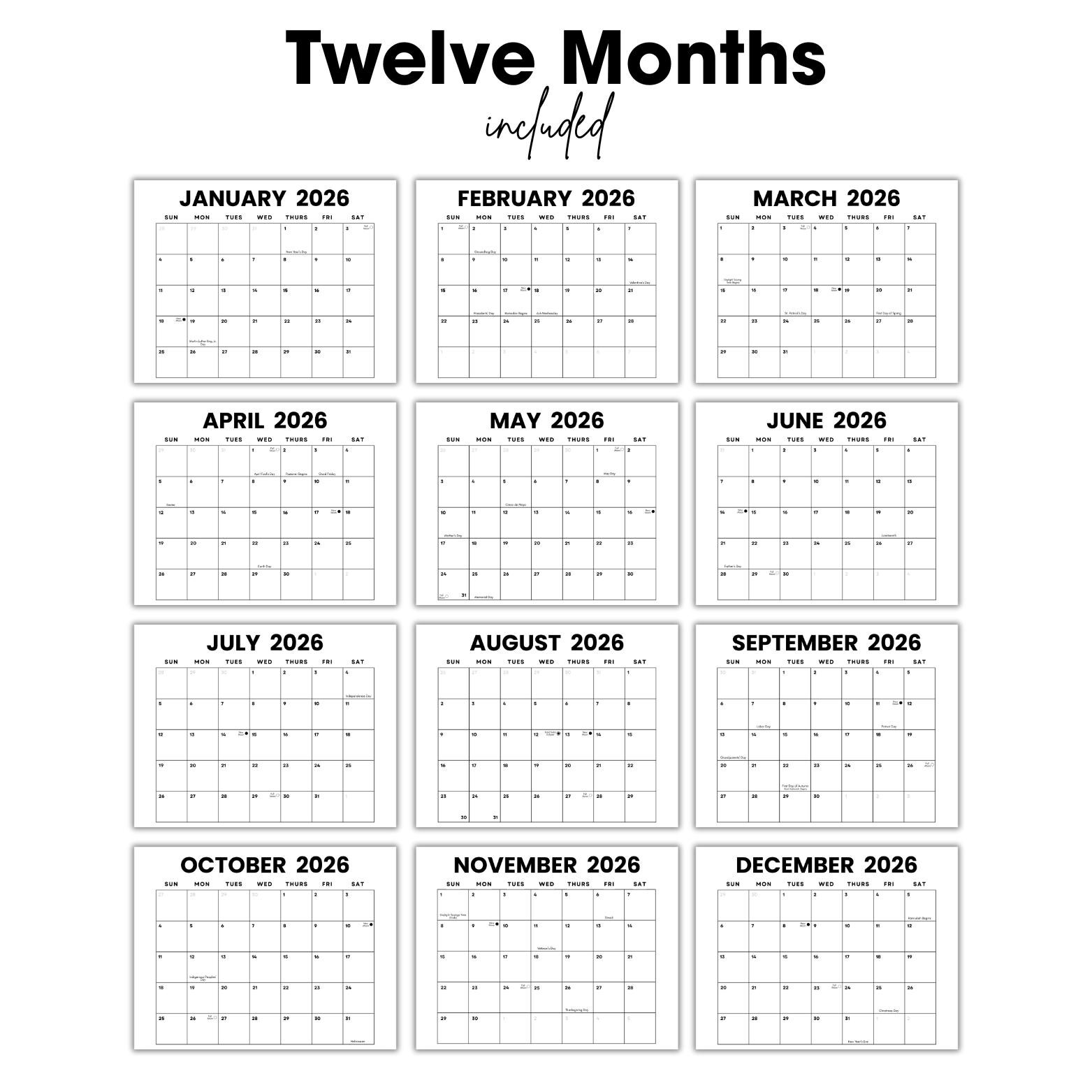 2026 Minimalist Calendar Printable: Monthly Planner With US Holidays ...