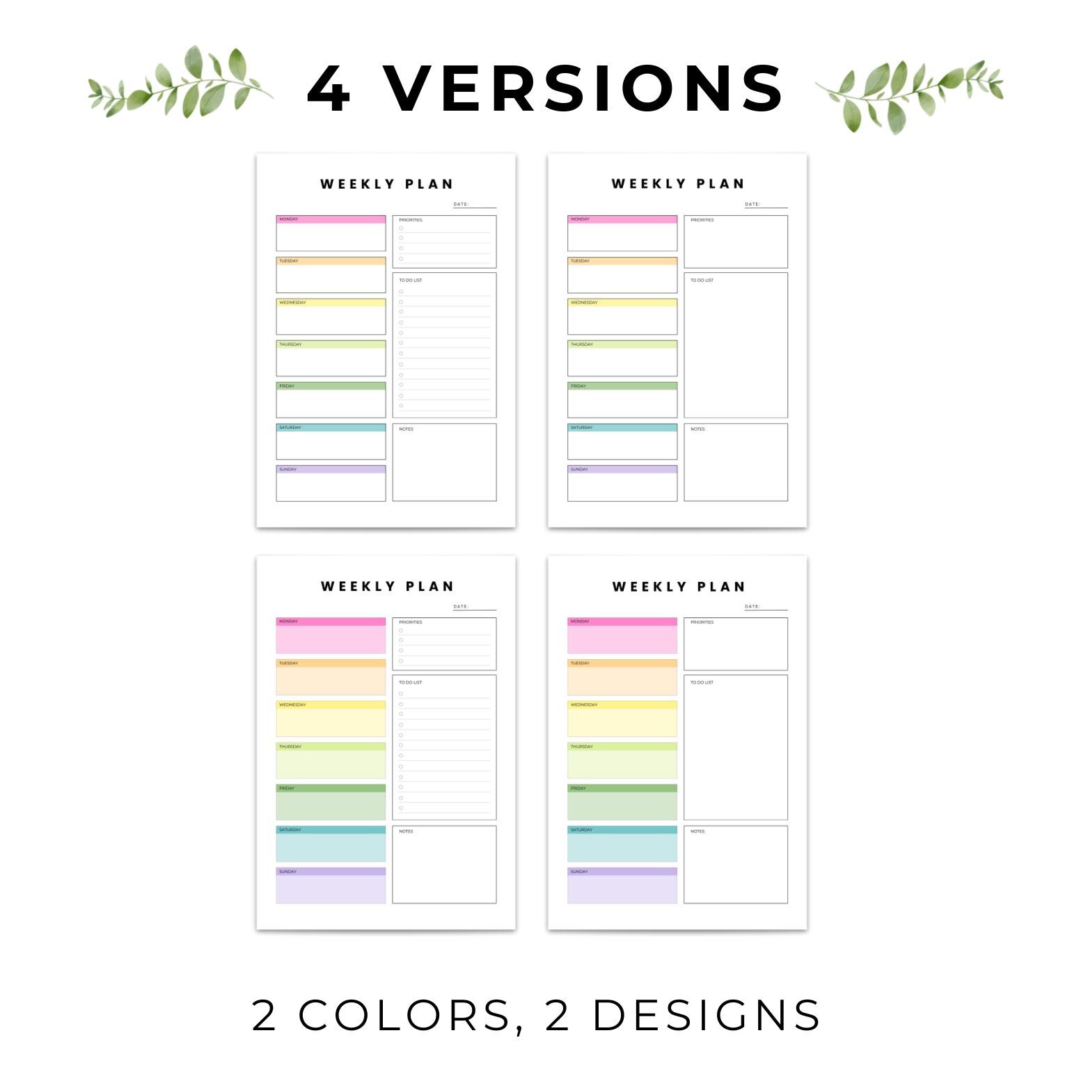 Minimalist Color Weekly Planner Printable PDF| Instant Digital Download ...