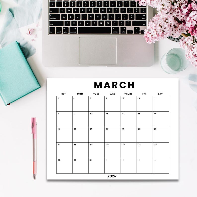 March 2026 Monthly Calendar Printable | Minimalist Design (digital ...
