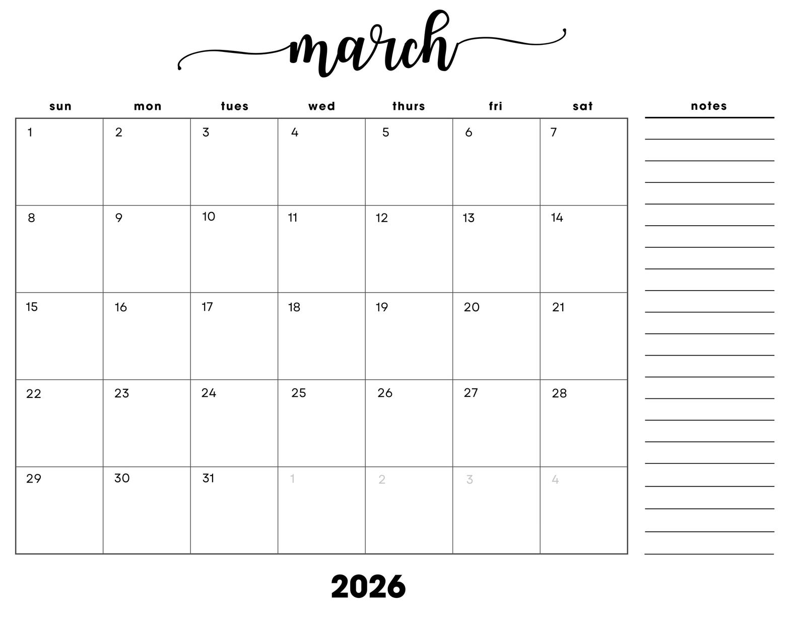 March Cursive Calander March 2026 Monthly Calendar With Notes: Minimalist Cursive Landscape ...