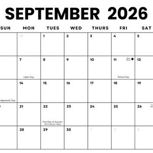 Puede incluir: Calendario de septiembre de 2026 en blanco y negro. La cuadrícula muestra los días de la semana, con fechas y festivos como el Día del Trabajo, el Día del Patriota, el Día de los Abuelos y el Primer Día de Otoño.