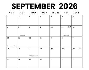 Minimalistische kalender september 2026: feestdagen en maanstanden in de VS (afdrukbare pdf) | Start zondag + maandag | Direct downloaden