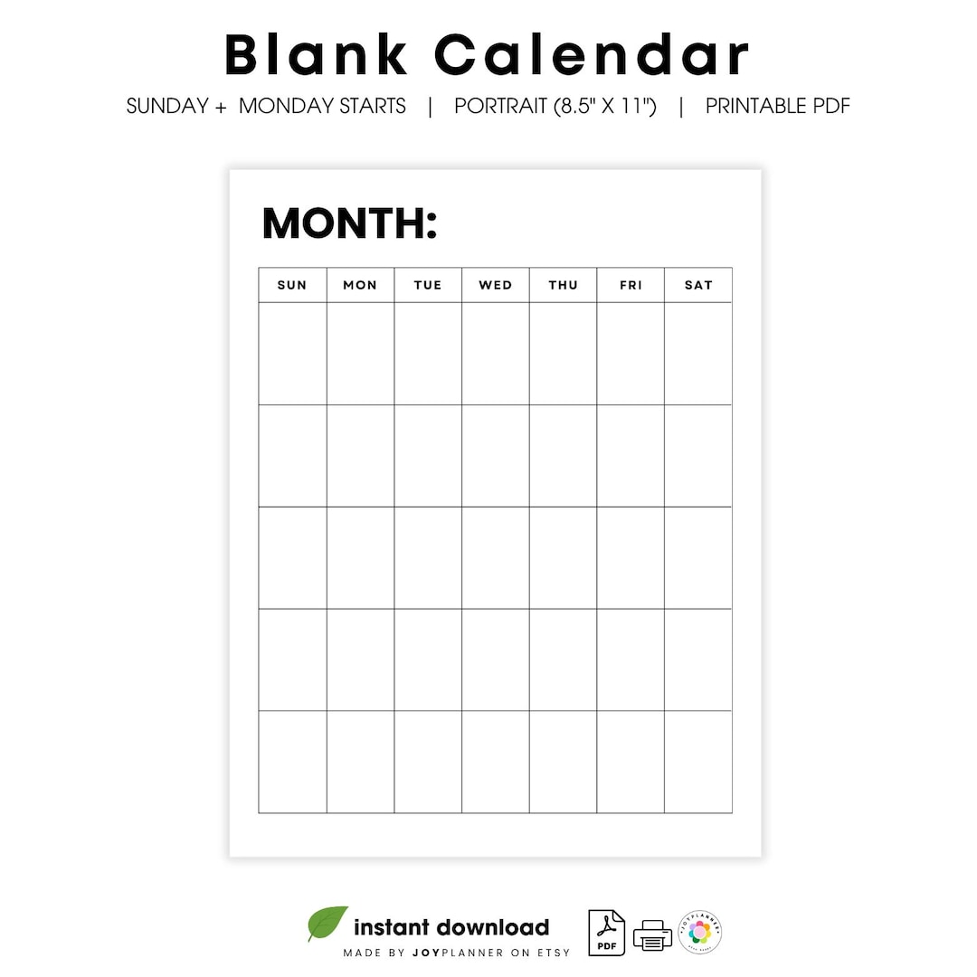 Undated Monthly Calendar Printable PDF | Minimalist Blank Perpetual ...