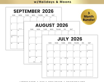 Q3 2026 Minimalist Calendar Bundle | July August September Printable PDF | US Holidays & Moons | Sunday + Monday Start | Instant Download