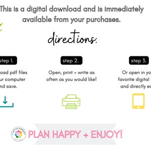 Pode incluir: Um guia de download digital com instru&ccedil;&otilde;es sobre como baixar, imprimir e editar arquivos PDF. O guia apresenta uma planta verde em um vaso pendurado, um &iacute;cone de download, um &iacute;cone de impressora e um &iacute;cone de smartphone. O texto diz "Esta &eacute; uma descarga digital e est&aacute; dispon&iacute;vel imediatamente ap&oacute;s a compra. directions: passo 1. Baixe os arquivos PDF para o seu computador e salve-os. passo 2. Abra, imprima + escreva com a frequ&ecirc;ncia que desejar. passo 3. Ou abra em seu aplicativo digital favorito e edite diretamente. PLAN HAPPY + ENJOY!"