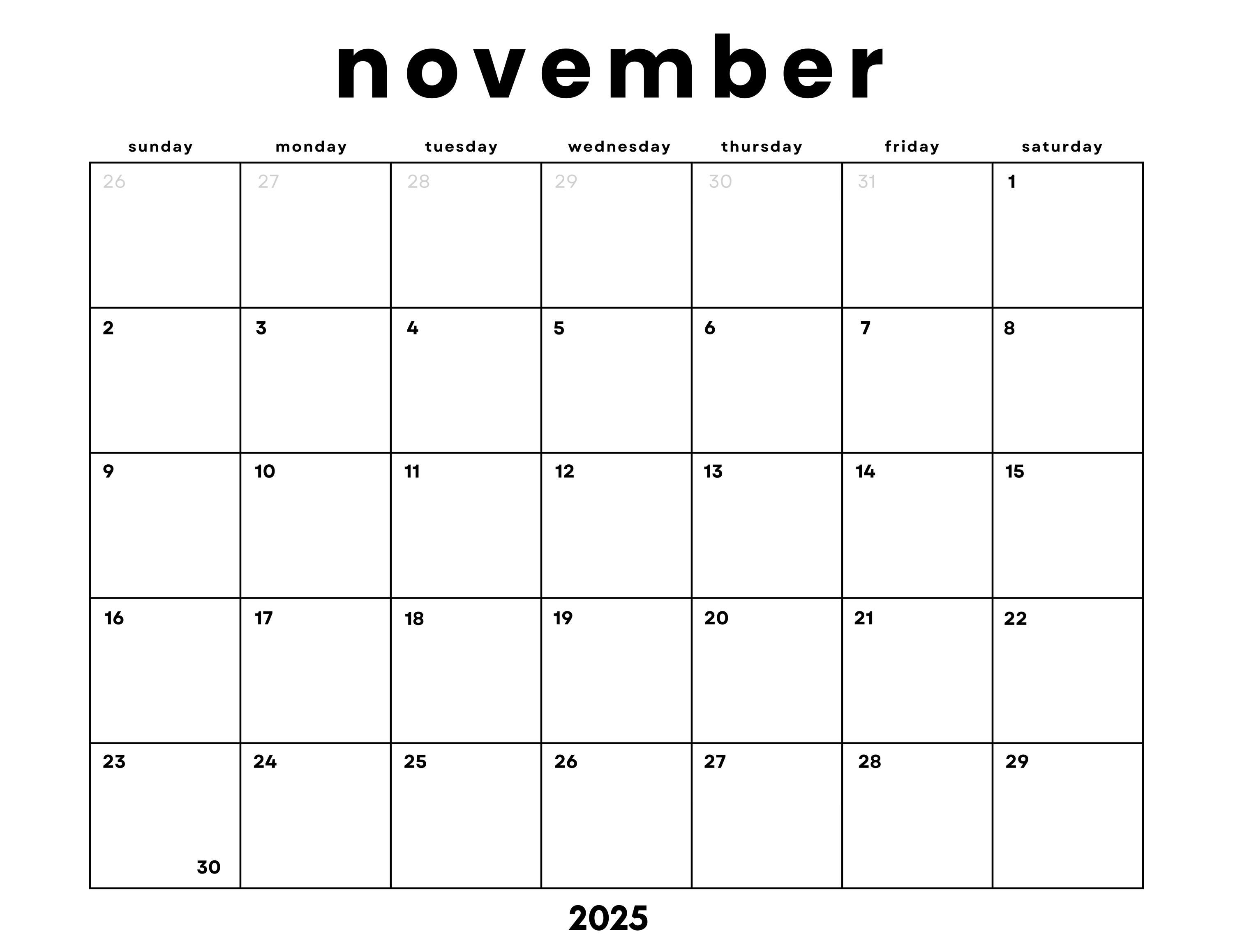 November 2025 Monthly Calendar Printable: Minimalist Letter PDF ...